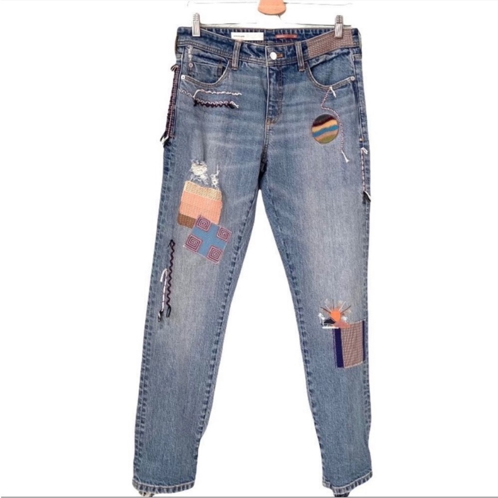 Pilcro and the letterpress for Anthropologie distressed embroidered patch jeans